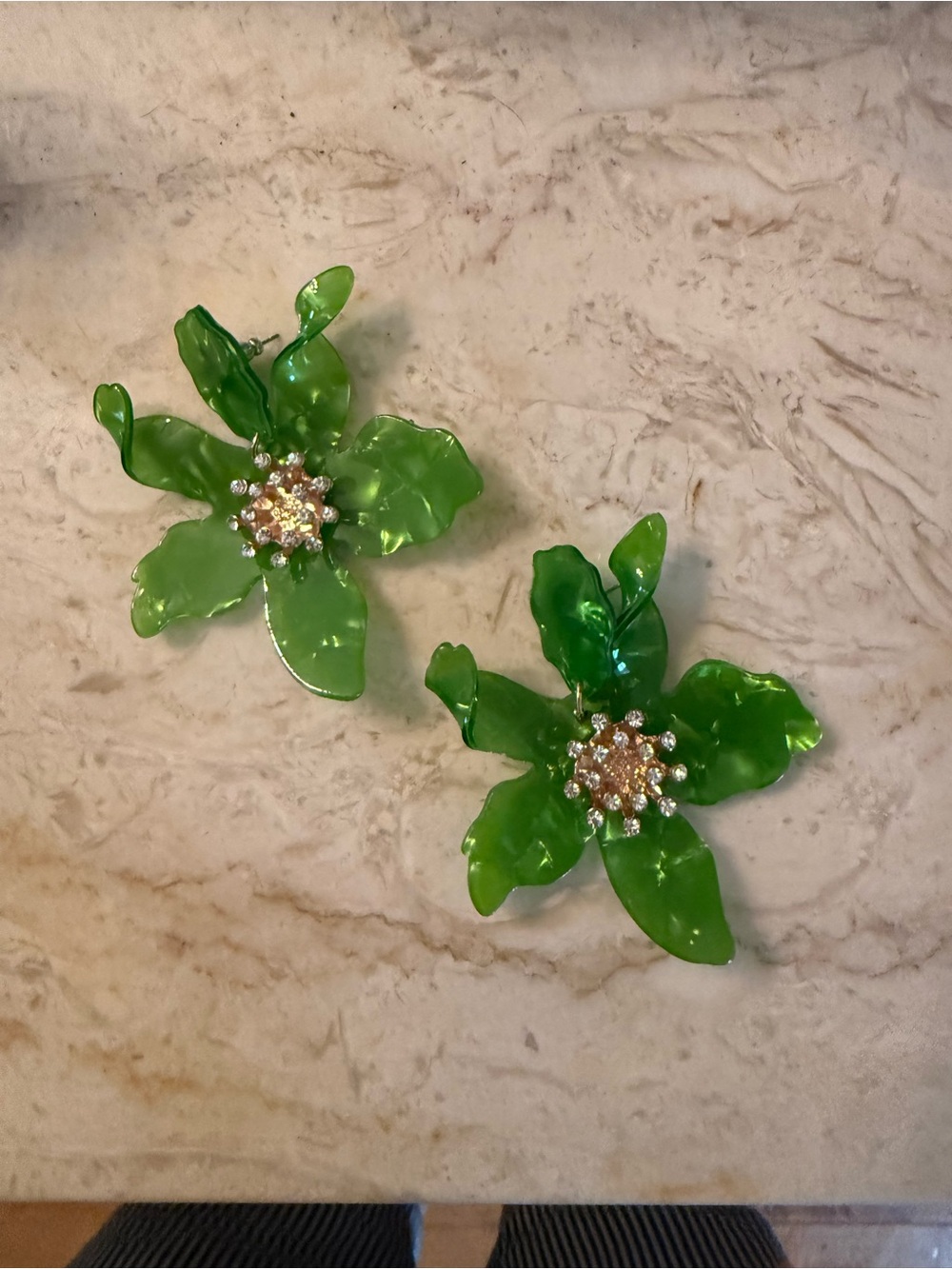 Green Floral Resin Statement Earrings with Crystal Centers